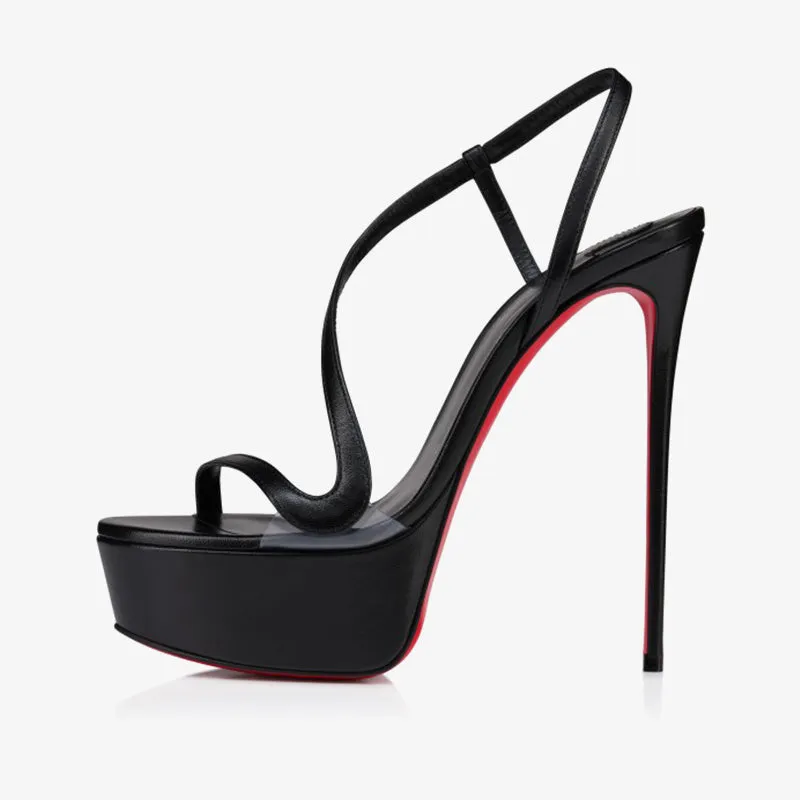 Black Leather Stiletto Sandals with Platform