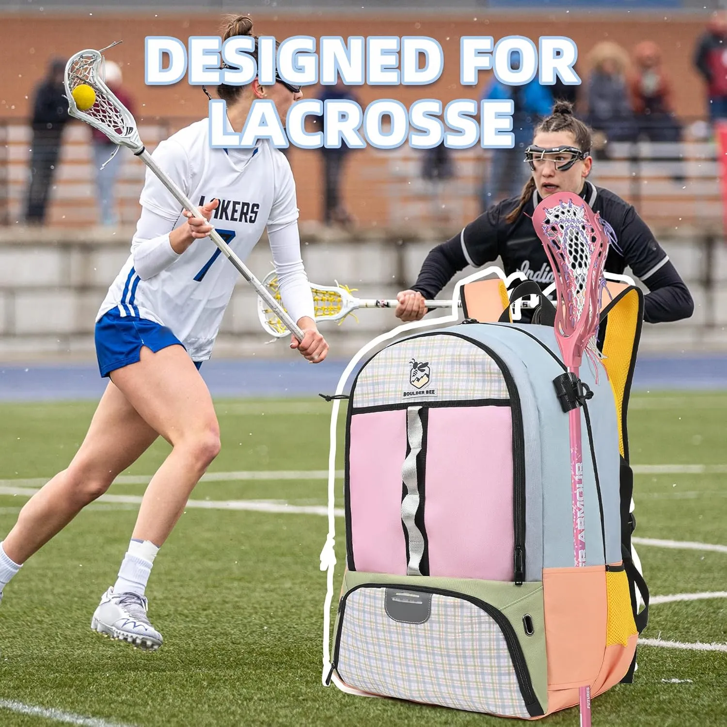 Boulder Bee Lacrosse Backpack with Stick Holders | Field Hockey Bag | Gift for Women