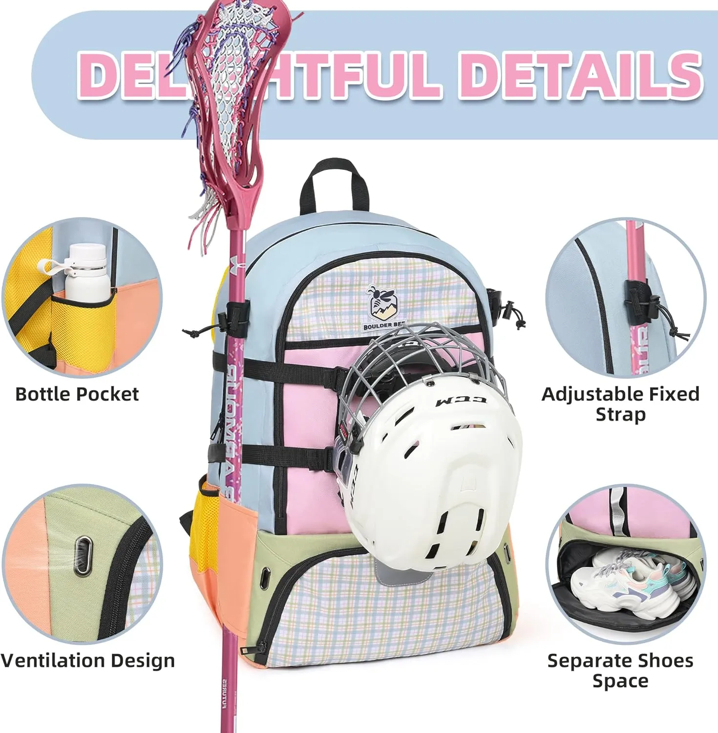 Boulder Bee Lacrosse Backpack with Stick Holders | Field Hockey Bag | Gift for Women