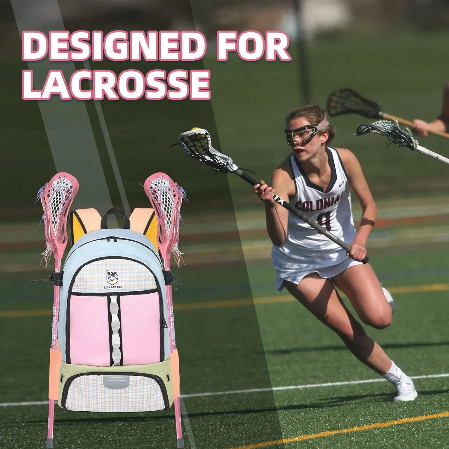 Boulder Bee Lacrosse Backpack with Stick Holders | Field Hockey Bag | Gift for Women