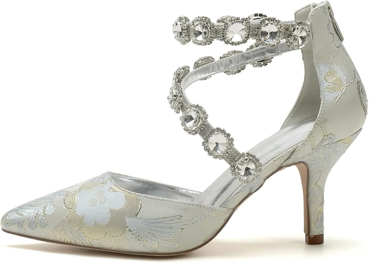 Bridal Silk Wedding Shoes Buckle Women Rhinestone Pointed Toe Satin Pumps High Heel Prom Shoes