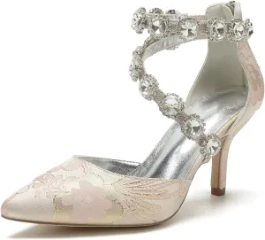 Bridal Silk Wedding Shoes Buckle Women Rhinestone Pointed Toe Satin Pumps High Heel Prom Shoes