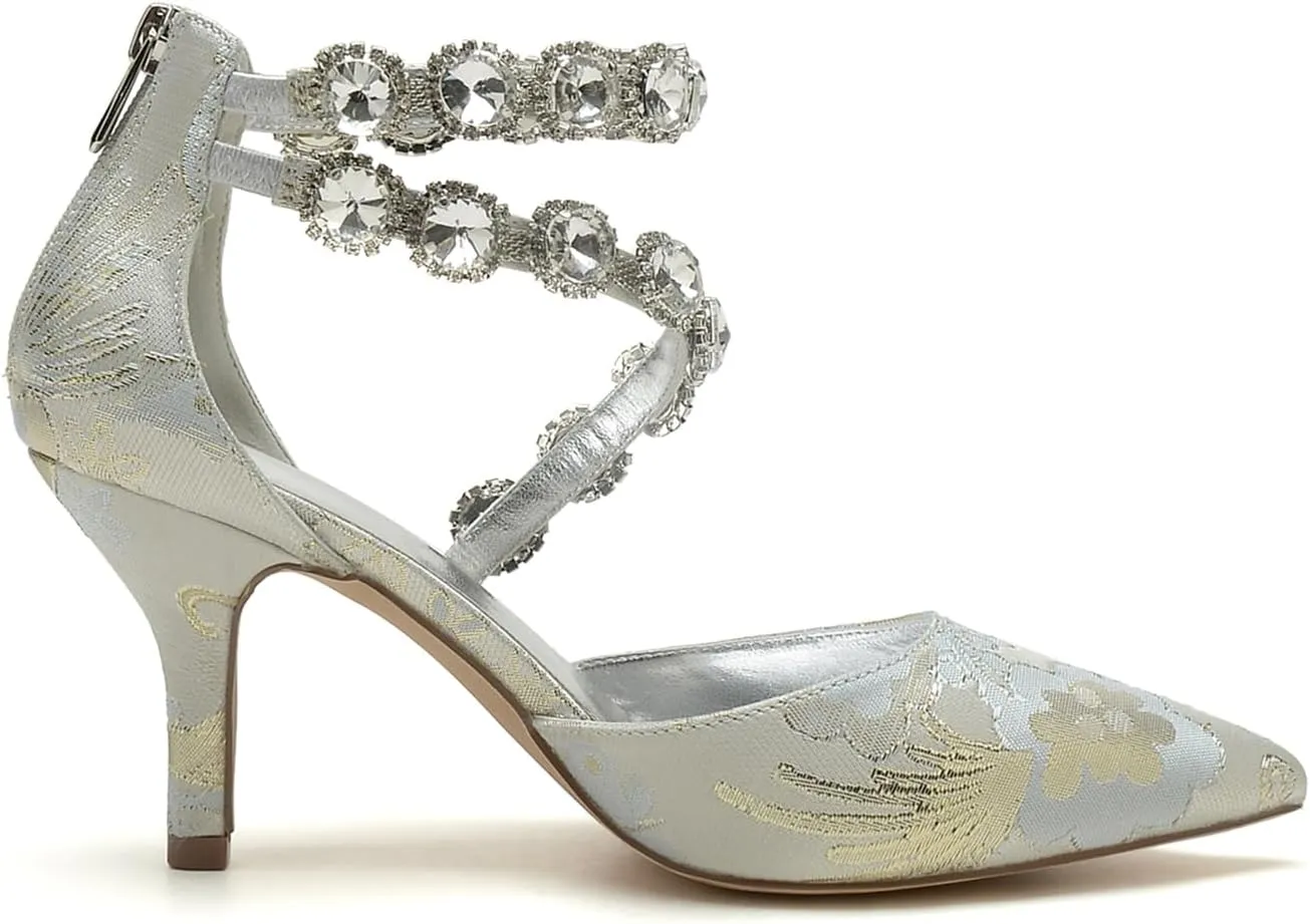 Bridal Silk Wedding Shoes Buckle Women Rhinestone Pointed Toe Satin Pumps High Heel Prom Shoes