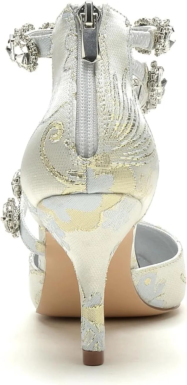 Bridal Silk Wedding Shoes Buckle Women Rhinestone Pointed Toe Satin Pumps High Heel Prom Shoes