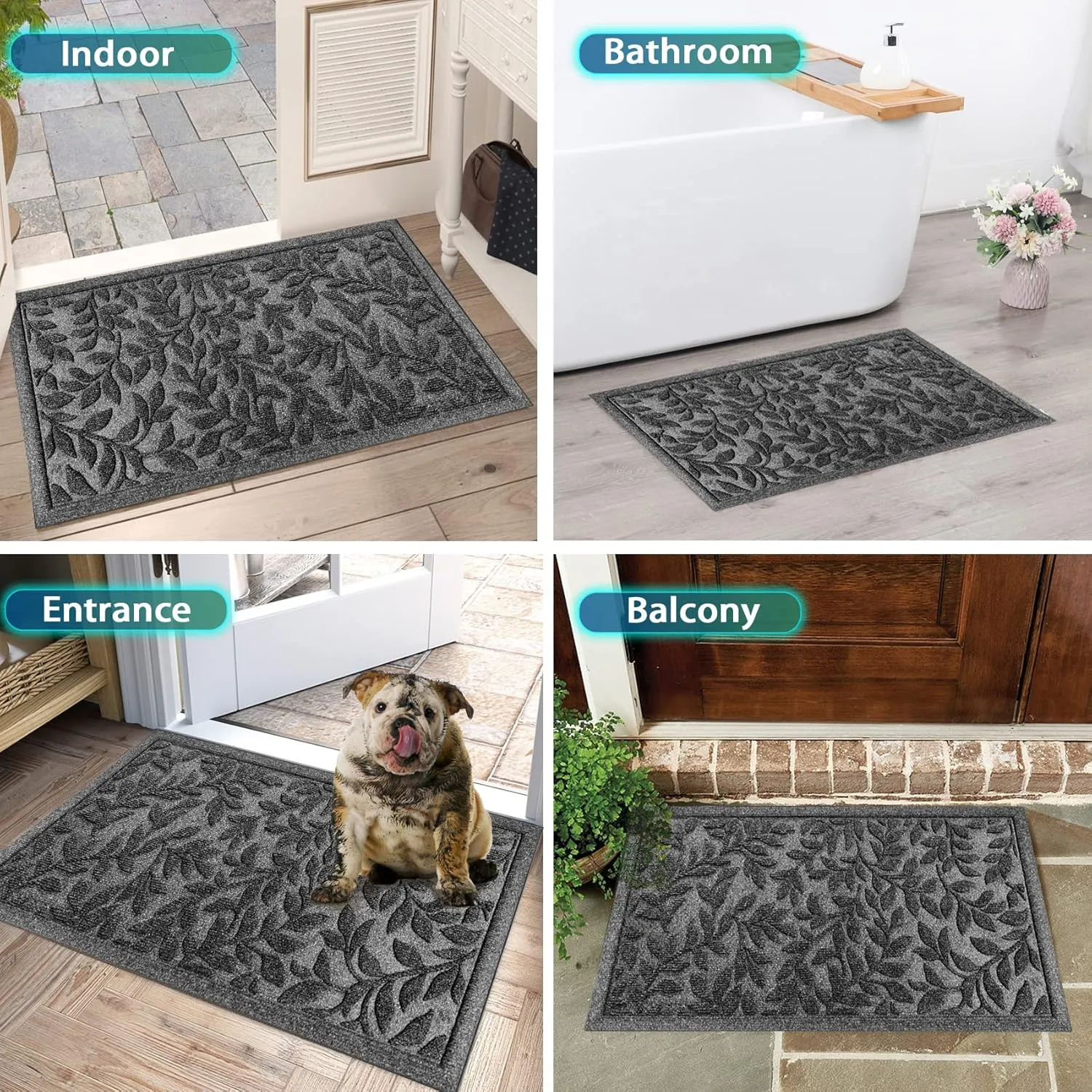 Bulijojo Outdoor Indoor Entrance Doormats,Durable Heavy Duty Welcome Mat,Thick Absorbent Natural Rubber Non Slip Mat,Easy Clean Entryway Rug Leaves Grey 23"x35"