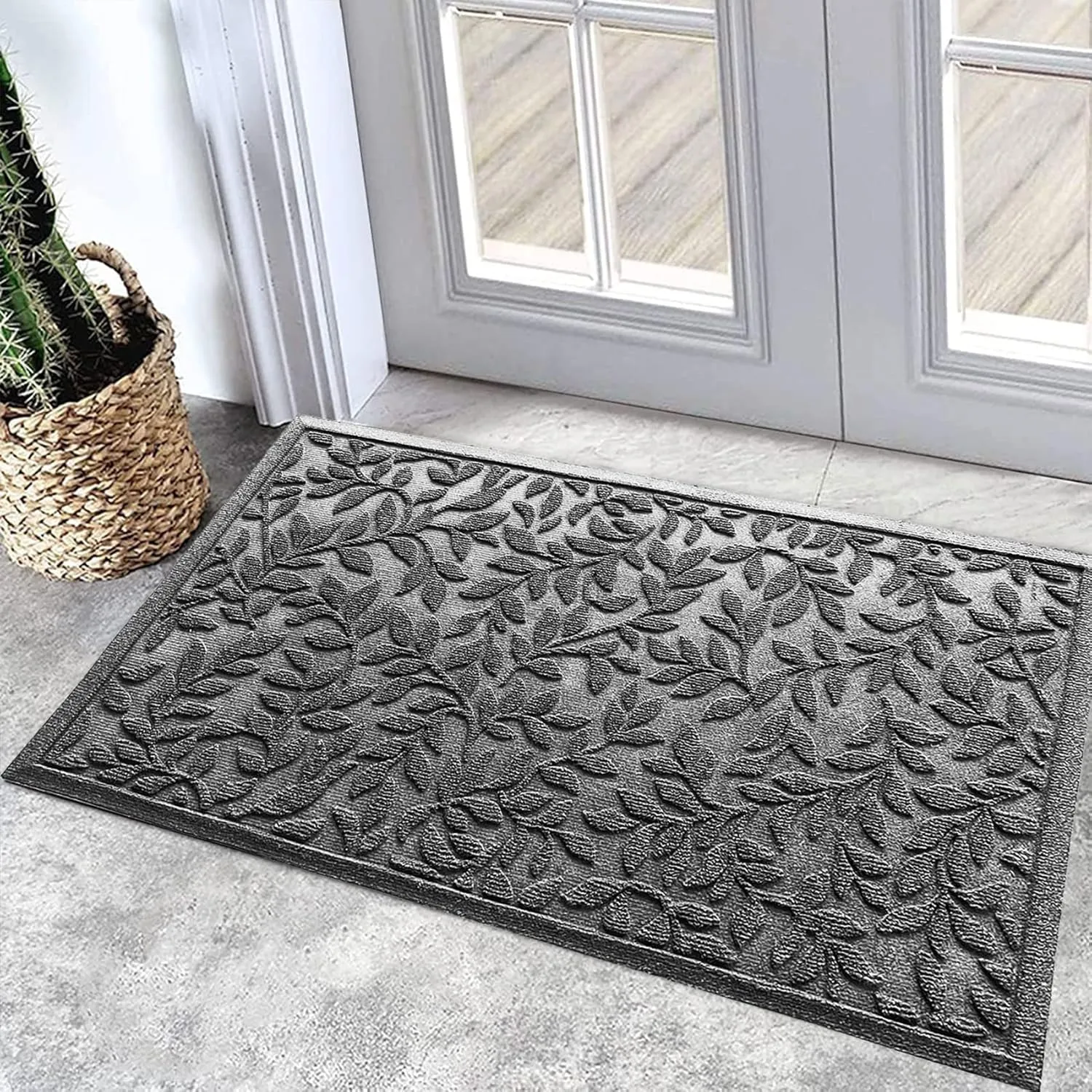 Bulijojo Outdoor Indoor Entrance Doormats,Durable Heavy Duty Welcome Mat,Thick Absorbent Natural Rubber Non Slip Mat,Easy Clean Entryway Rug Leaves Grey 23"x35"