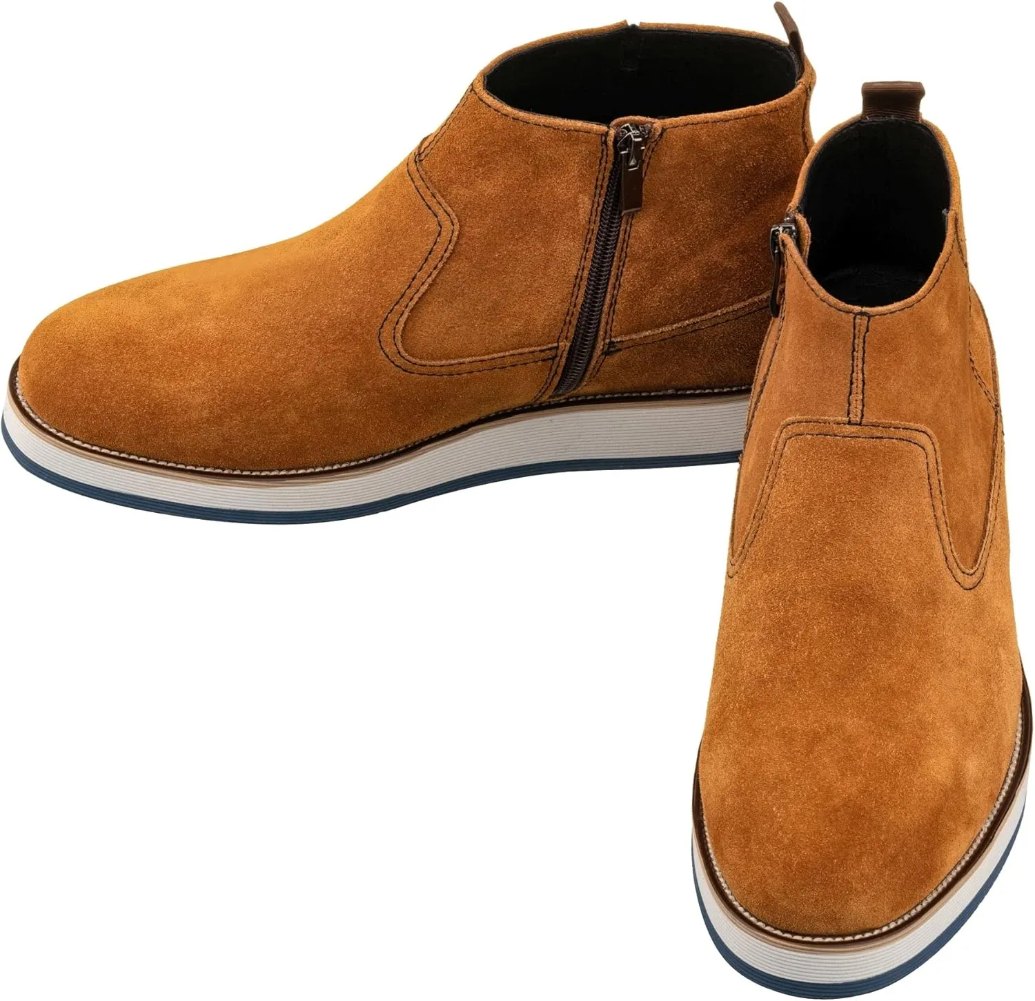 CALTO Men's Invisible Height Increasing Elevator Shoes - Khaki Brown Nubuck Leather Mid-top Zipper Boots - 3 Inches Taller - Y30023- Size 12 D(M) US