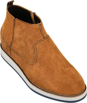 CALTO Men's Invisible Height Increasing Elevator Shoes - Khaki Brown Nubuck Leather Mid-top Zipper Boots - 3 Inches Taller - Y30023- Size 12 D(M) US