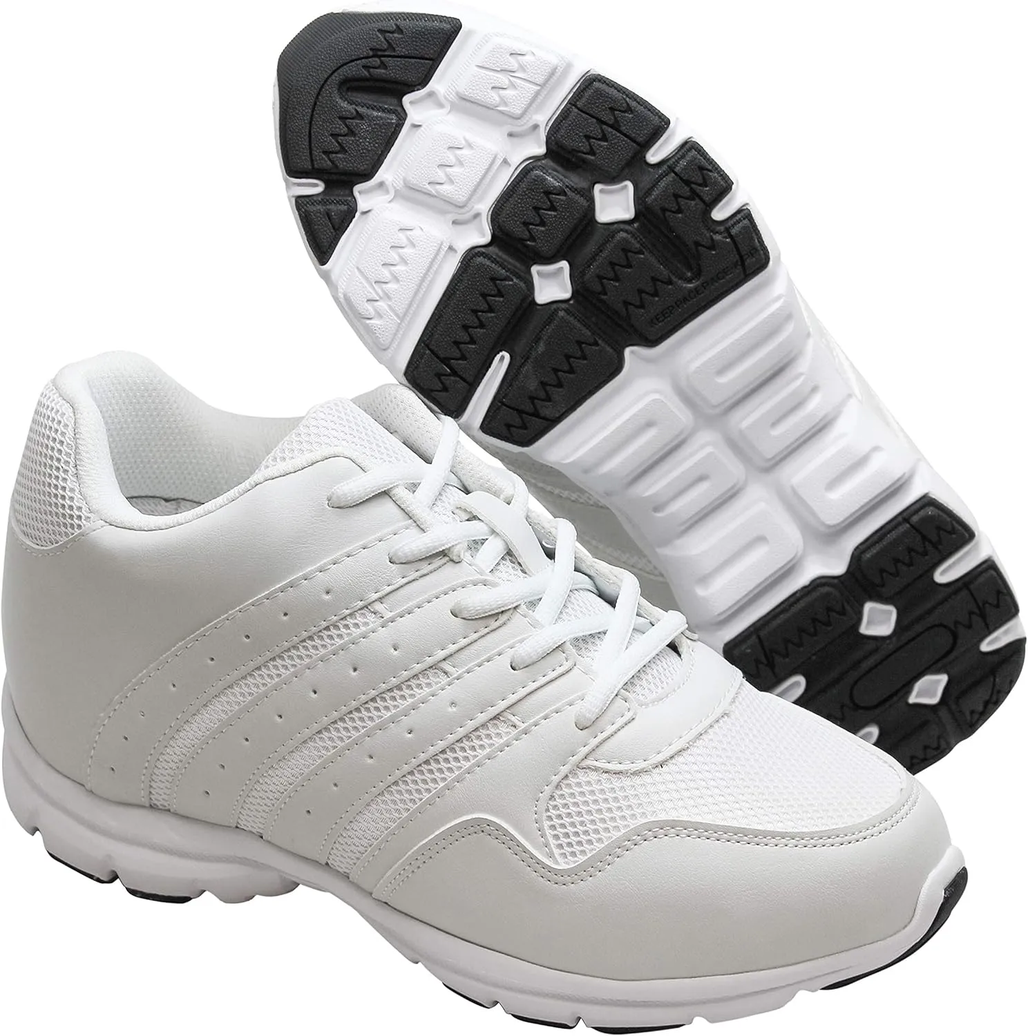 CALTO Men's Invisible Height Increasing Elevator Shoes - White Leather/Mesh Lace-up Lightweight Sporty Trainer Sneakers - 3.2 Inches Taller - G8818 - Size 10 D(M) US