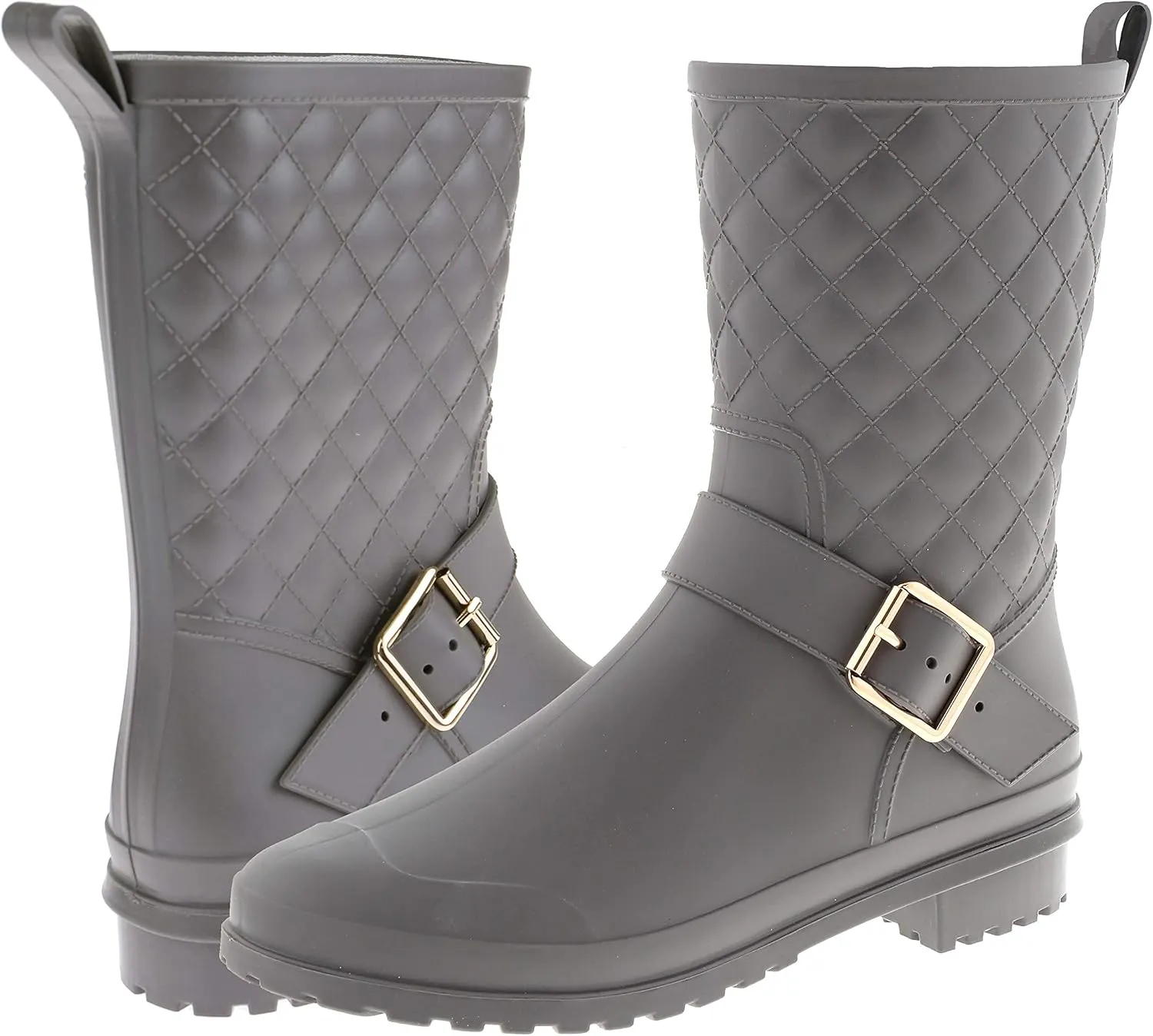 Capelli New York Matte Grey Solid Body with Quilted Shaft and Ankle Strap with Metal Buckle Ladies Mid-Calf Jelly Rain Boot Combo 8