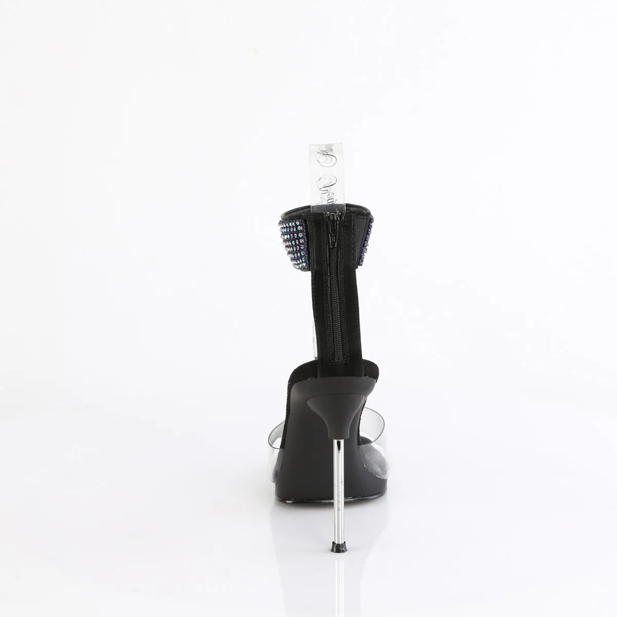 CHIC-42 - Clear-Black Faux Leather-AB Rhinestone Heels