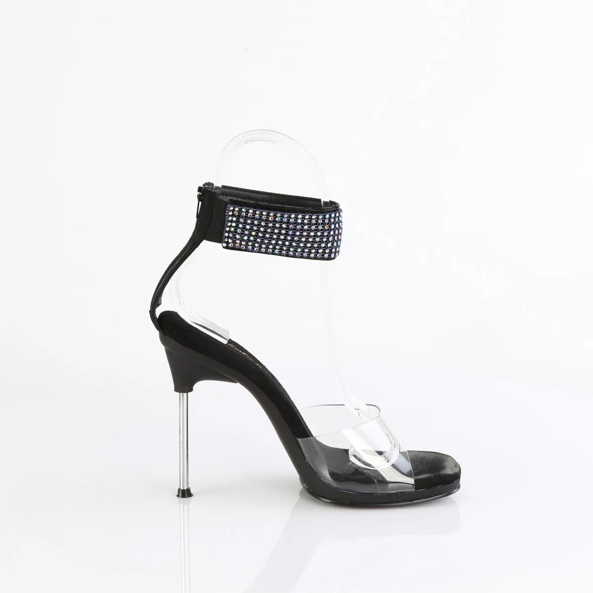 CHIC-42 - Clear-Black Faux Leather-AB Rhinestone Heels