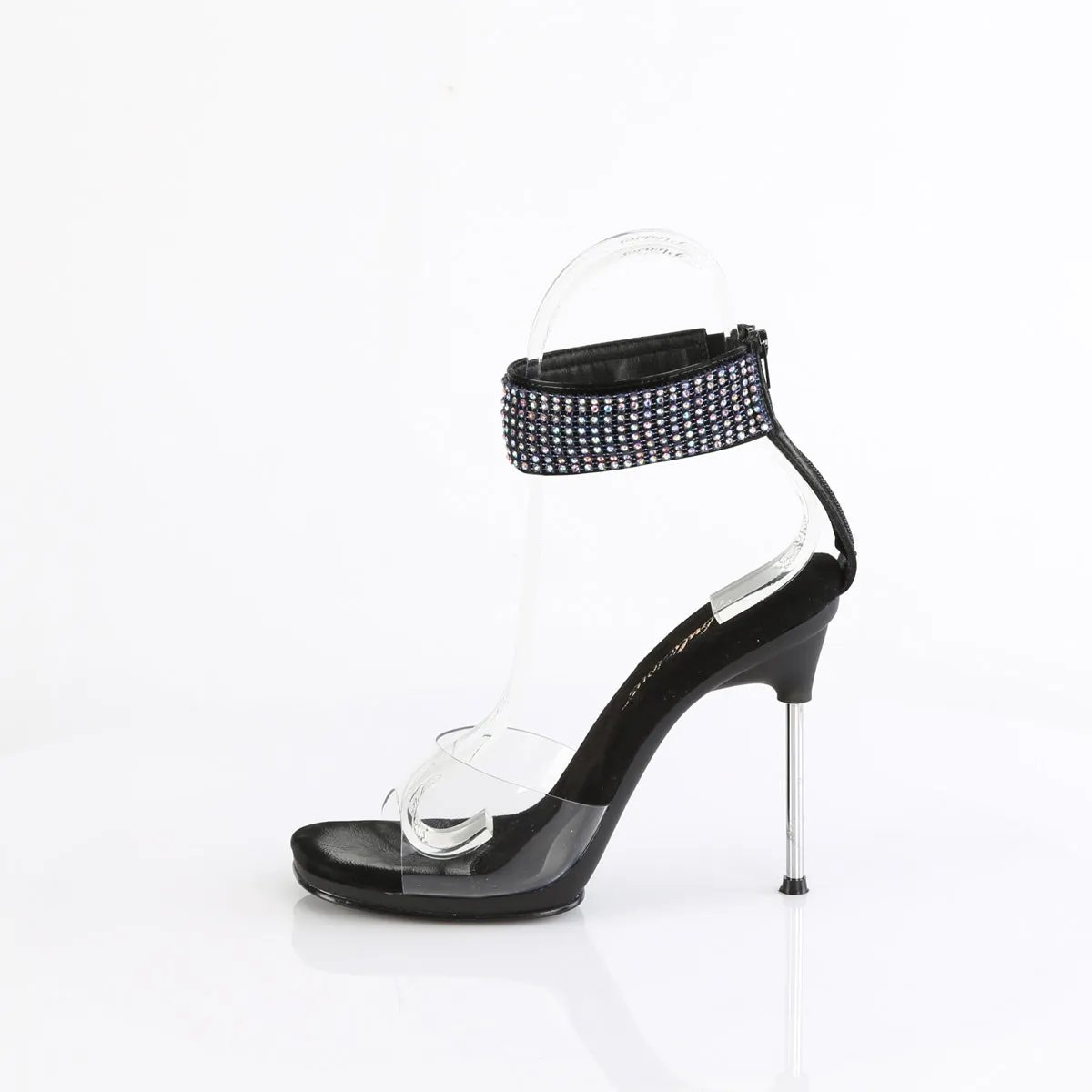 CHIC-42 - Clear-Black Faux Leather-AB Rhinestone Heels