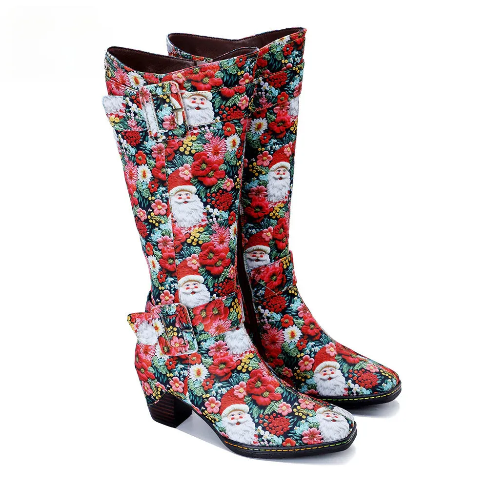 Chrismas Exclusive｜Socofy Vicconfy Vintage Print Casual Chunky Heel Comfort High Boots