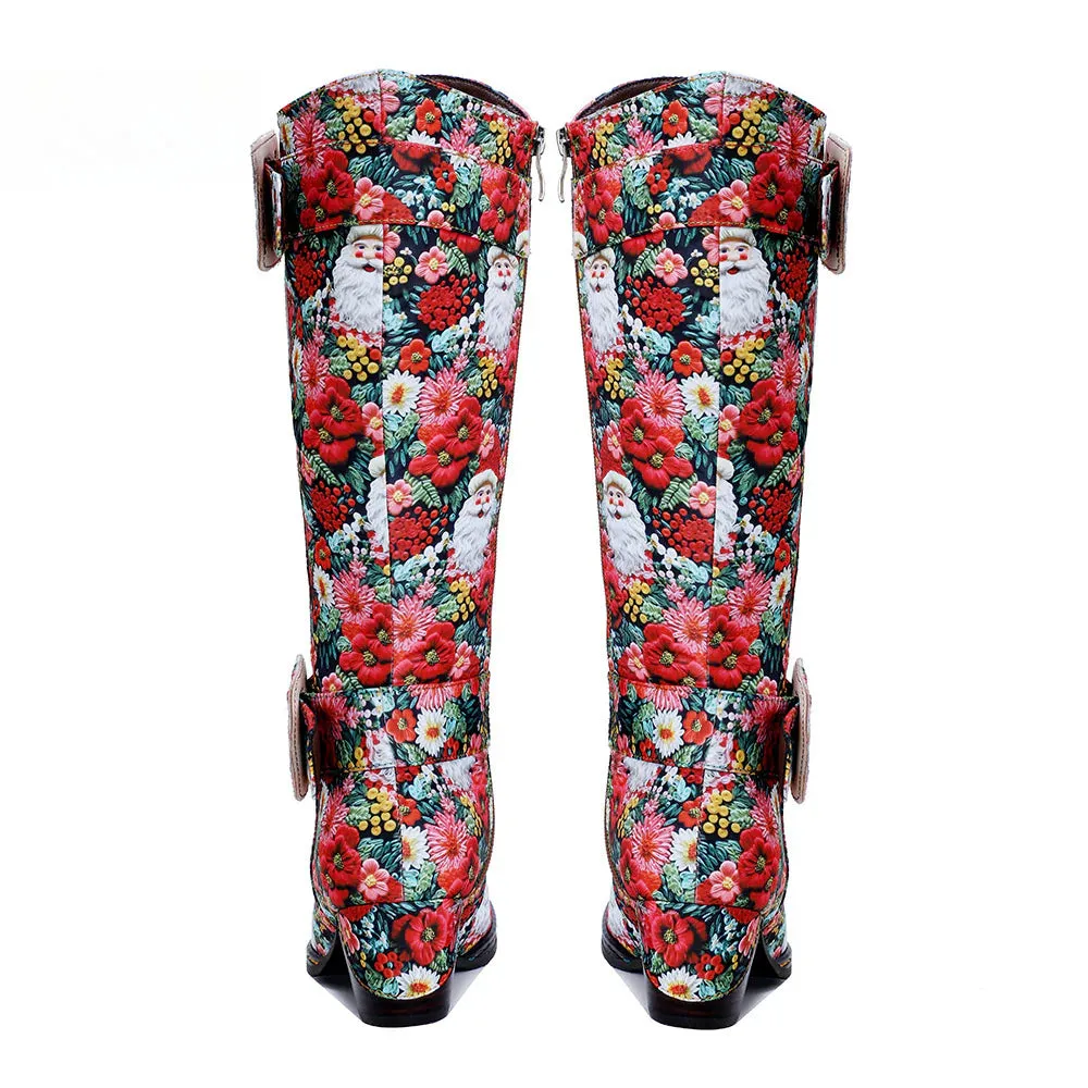 Chrismas Exclusive｜Socofy Vicconfy Vintage Print Casual Chunky Heel Comfort High Boots