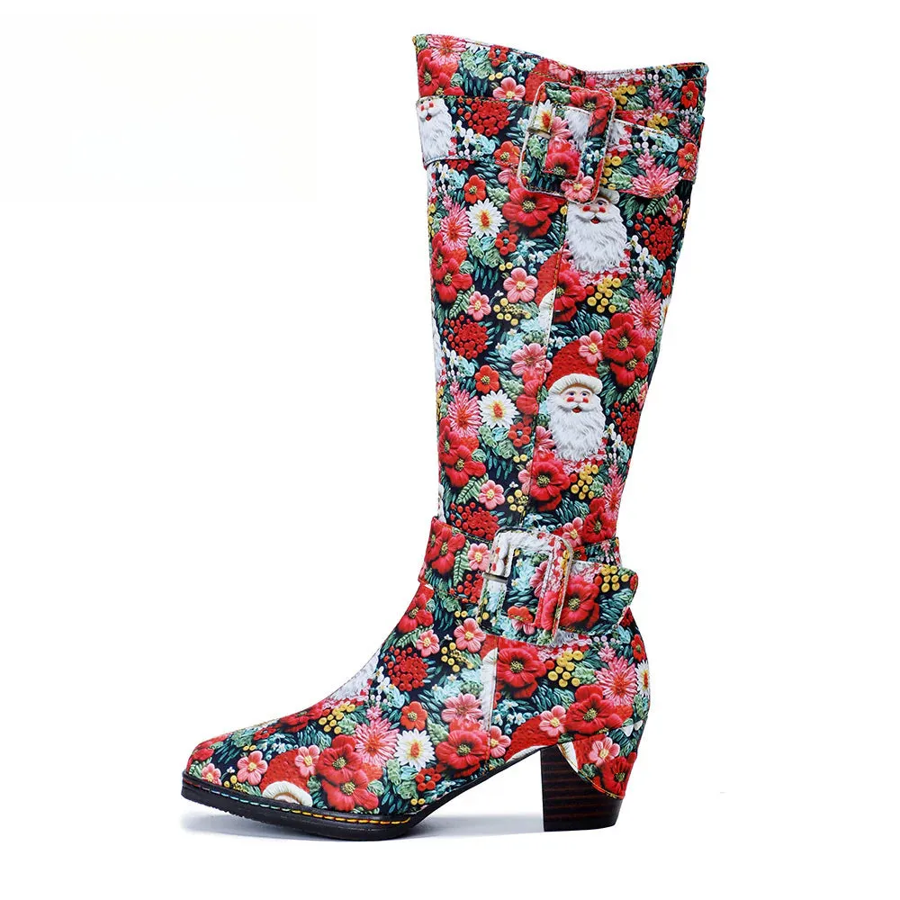 Chrismas Exclusive｜Socofy Vicconfy Vintage Print Casual Chunky Heel Comfort High Boots