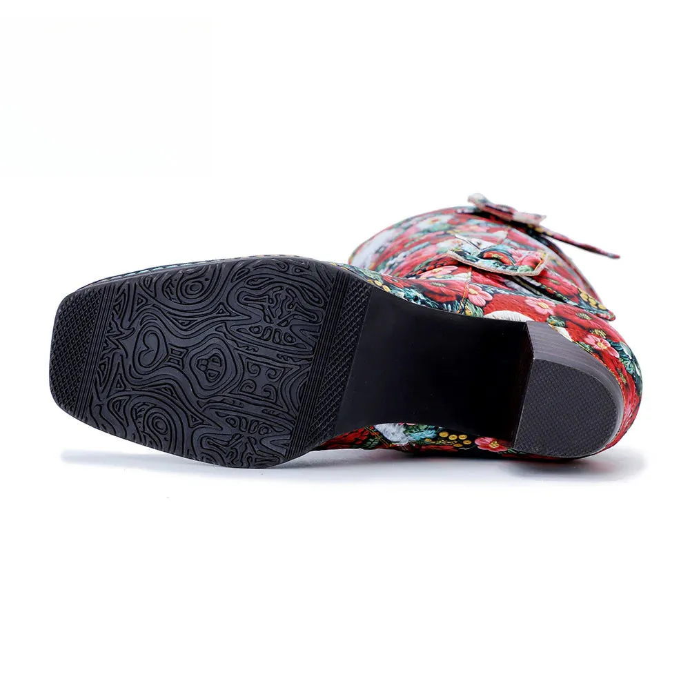 Chrismas Exclusive｜Socofy Vicconfy Vintage Print Casual Chunky Heel Comfort High Boots