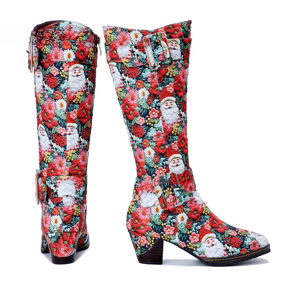 Chrismas Exclusive｜Socofy Vicconfy Vintage Print Casual Chunky Heel Comfort High Boots