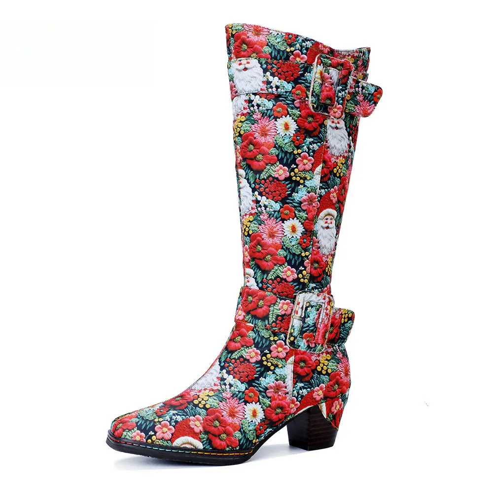 Chrismas Exclusive｜Socofy Vicconfy Vintage Print Casual Chunky Heel Comfort High Boots