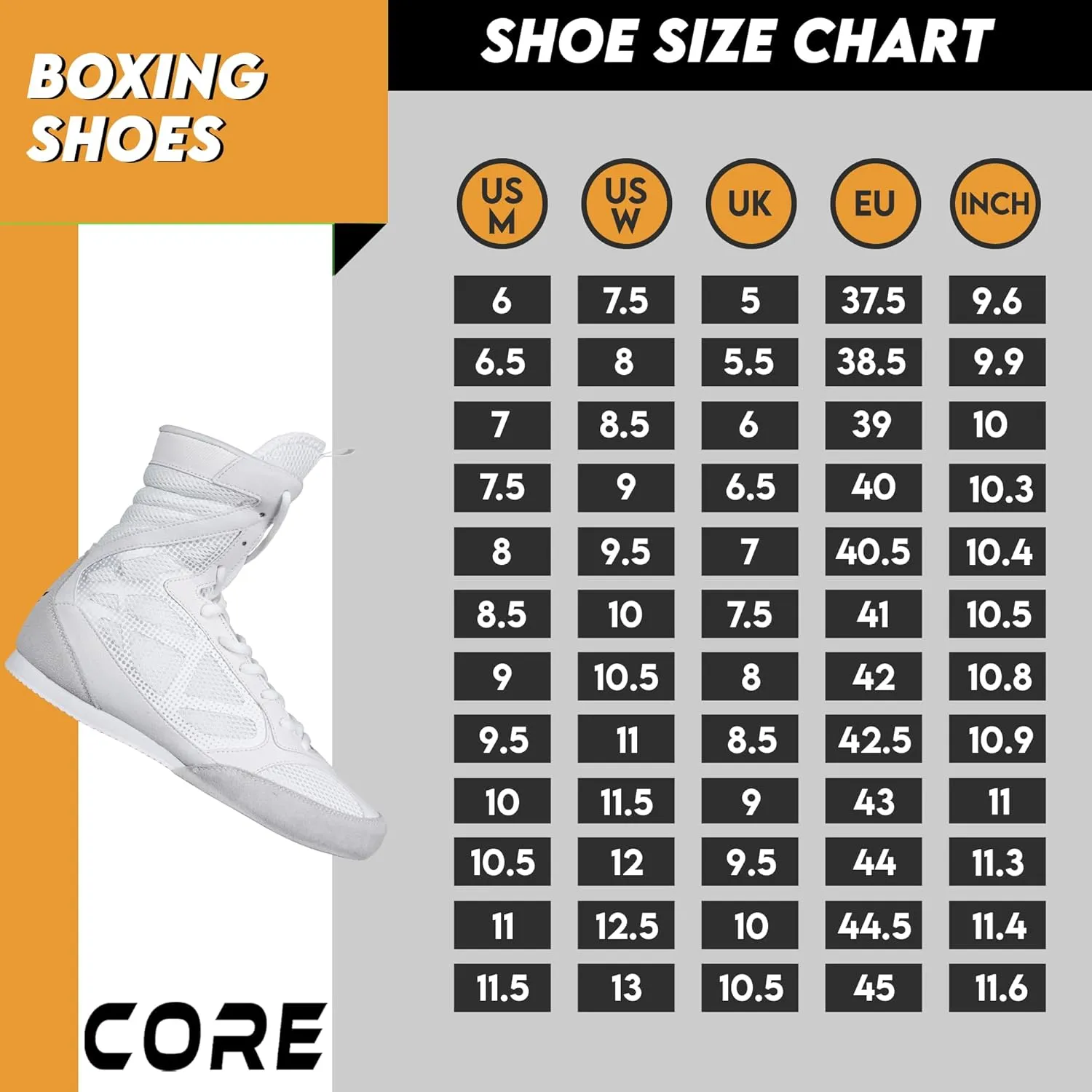CORE Boxing Shoes - Lightweight Boxing Shoes for Men & Women - Boxing Training Shoes with High Support – High Traction Boxing Boots - Breathable Lace Up Boxer Shoes – Mens Kickboxing Shoes