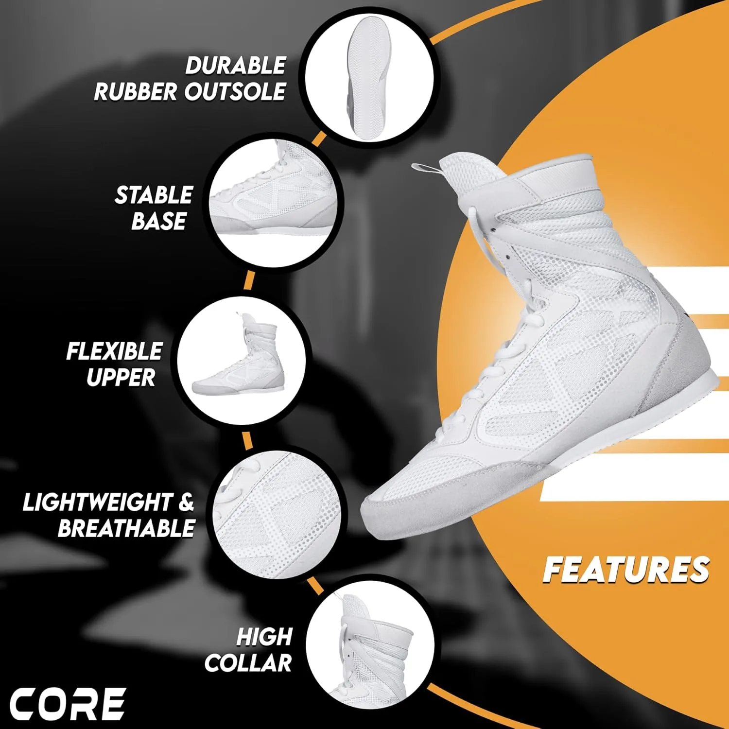CORE Boxing Shoes - Lightweight Boxing Shoes for Men & Women - Boxing Training Shoes with High Support – High Traction Boxing Boots - Breathable Lace Up Boxer Shoes – Mens Kickboxing Shoes