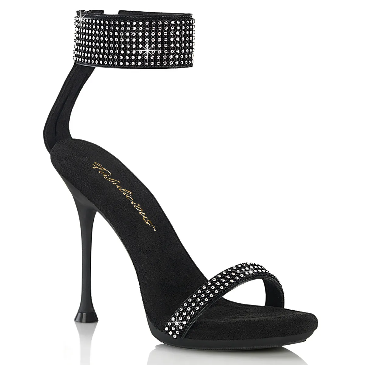 CUPID-440 - Black Faux Leather-Rhinestone Heels