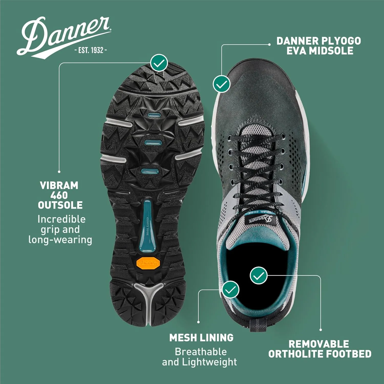 Danner Trail 2650 Hiking Shoes for Men - Durable Suede, Lightweight Textile with Breathable Mesh Lining, Ortholite Footbed & Vibram Traction Outsole