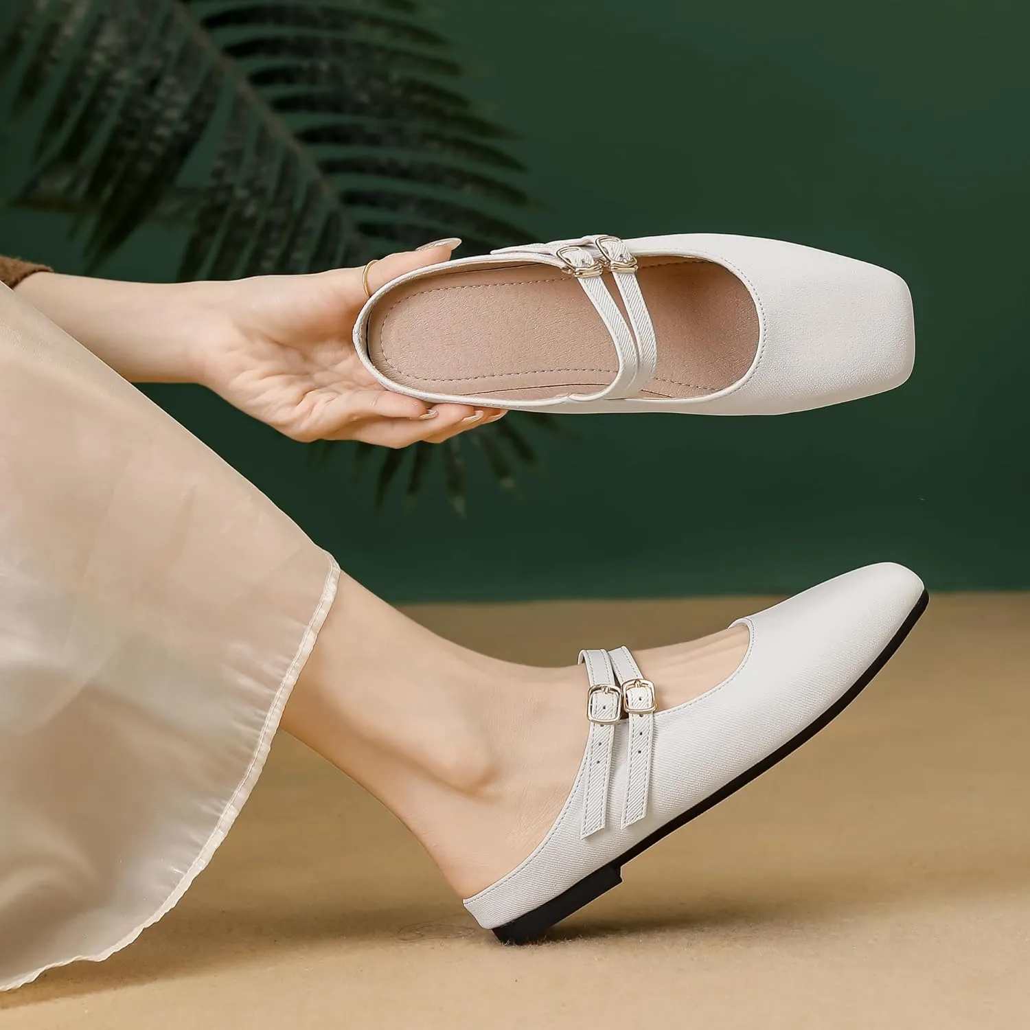 Dear Time Women's Square Toe Flat Mules Backless Loafer Shoes Closed Toe Outdoor Indoor Mary Jane Slides Shoes