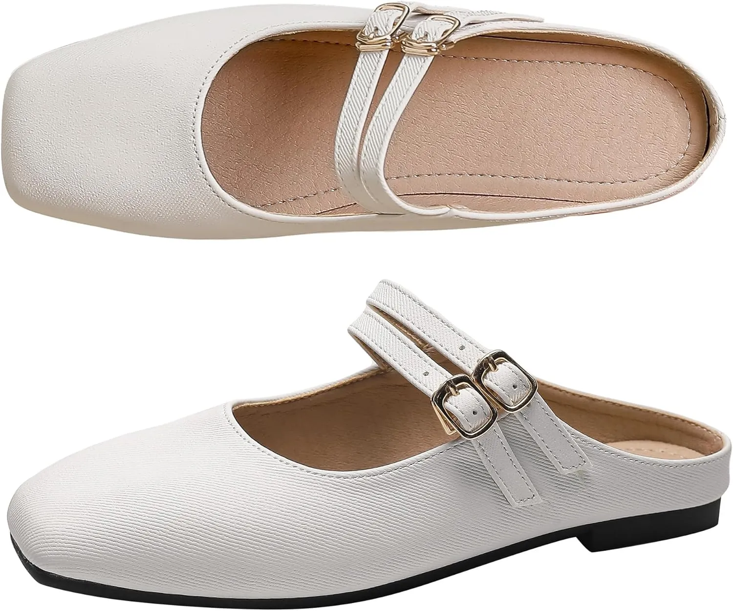 Dear Time Women's Square Toe Flat Mules Backless Loafer Shoes Closed Toe Outdoor Indoor Mary Jane Slides Shoes