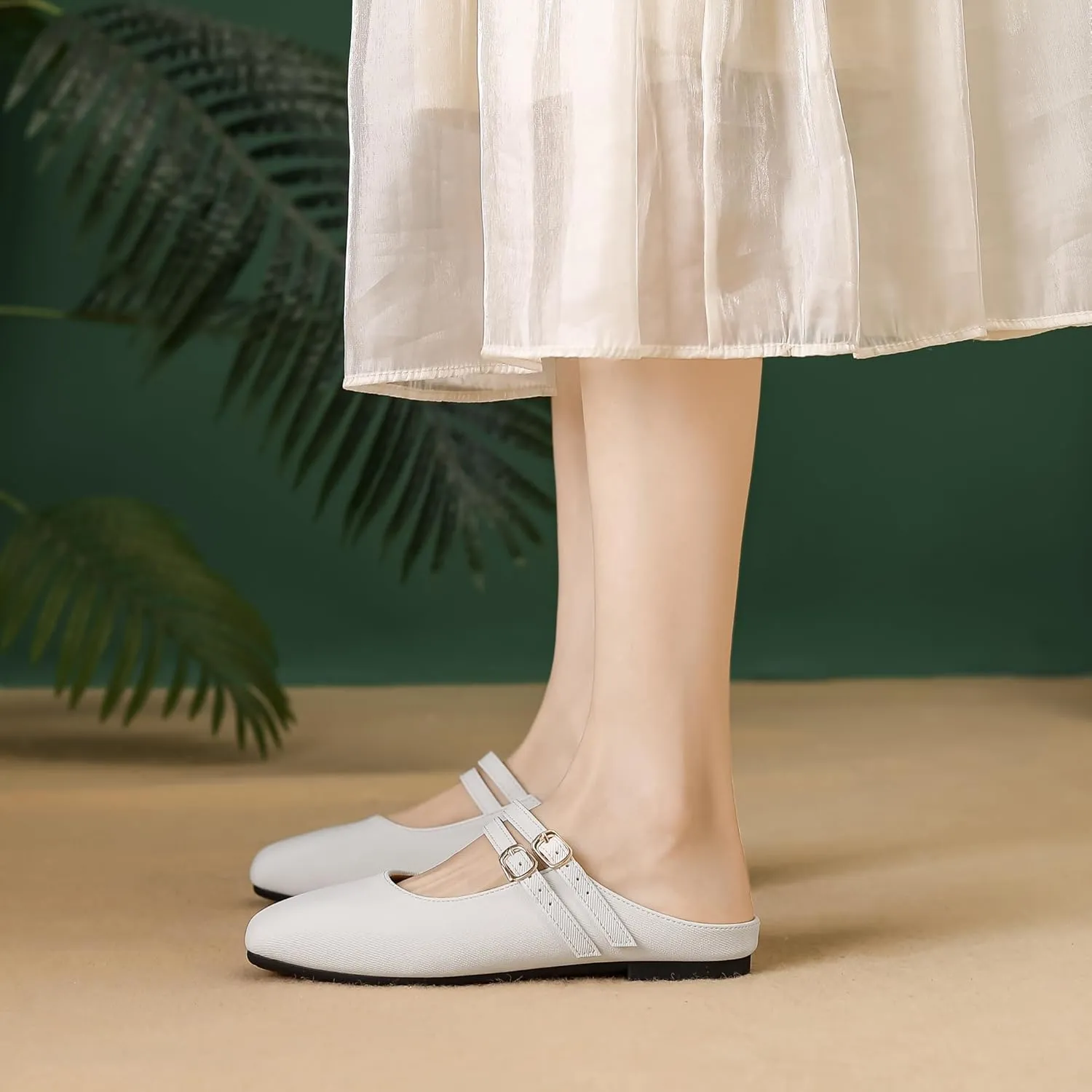 Dear Time Women's Square Toe Flat Mules Backless Loafer Shoes Closed Toe Outdoor Indoor Mary Jane Slides Shoes