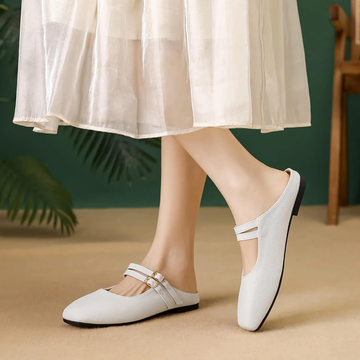 Dear Time Women's Square Toe Flat Mules Backless Loafer Shoes Closed Toe Outdoor Indoor Mary Jane Slides Shoes