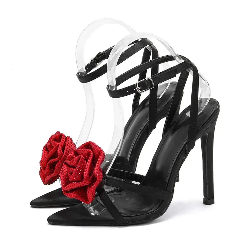 Denim Crystal Flower Ankle Buckle Strap Heels