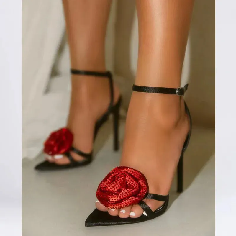 Denim Crystal Flower Ankle Buckle Strap Heels
