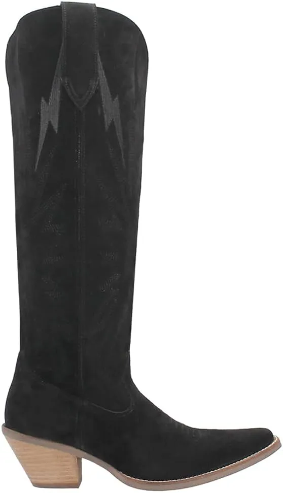 Dingo Womens Thunder Road Embroidered Snip Toe Casual Boots Knee High Mid Heel 2-3" - Black