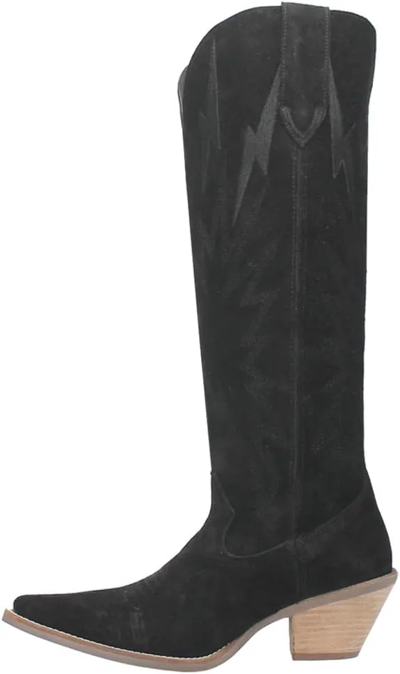 Dingo Womens Thunder Road Embroidered Snip Toe Casual Boots Knee High Mid Heel 2-3" - Black