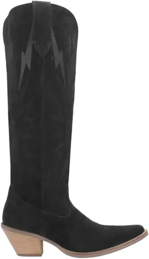 Dingo Womens Thunder Road Embroidered Snip Toe Casual Boots Knee High Mid Heel 2-3" - Black