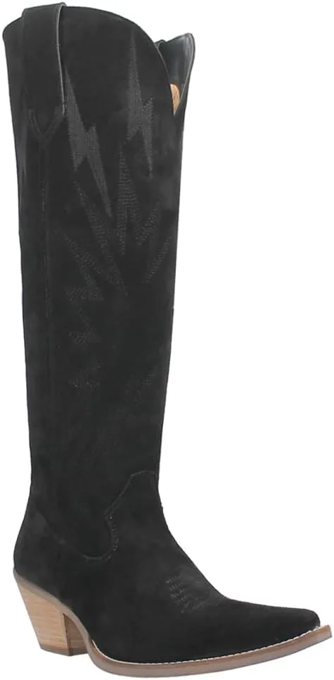 Dingo Womens Thunder Road Embroidered Snip Toe Casual Boots Knee High Mid Heel 2-3" - Black