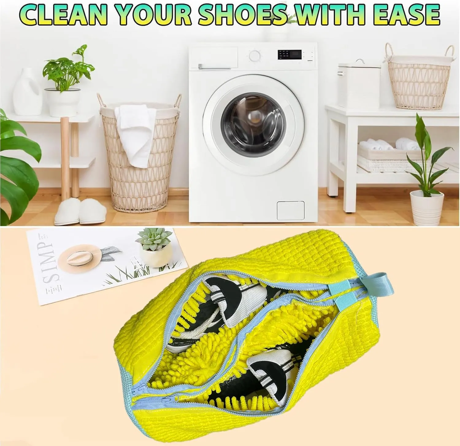 Double Zipper Shoe Washing Bag in Washing Machine, Durable Laundry Shoe Bag for 2 Shoes, Delicate Sneaker Shoes Clean Bag, Unstain Flat Shoes Bag for Washer, Keep Shoes & Washing Machine Clean(Yellow)