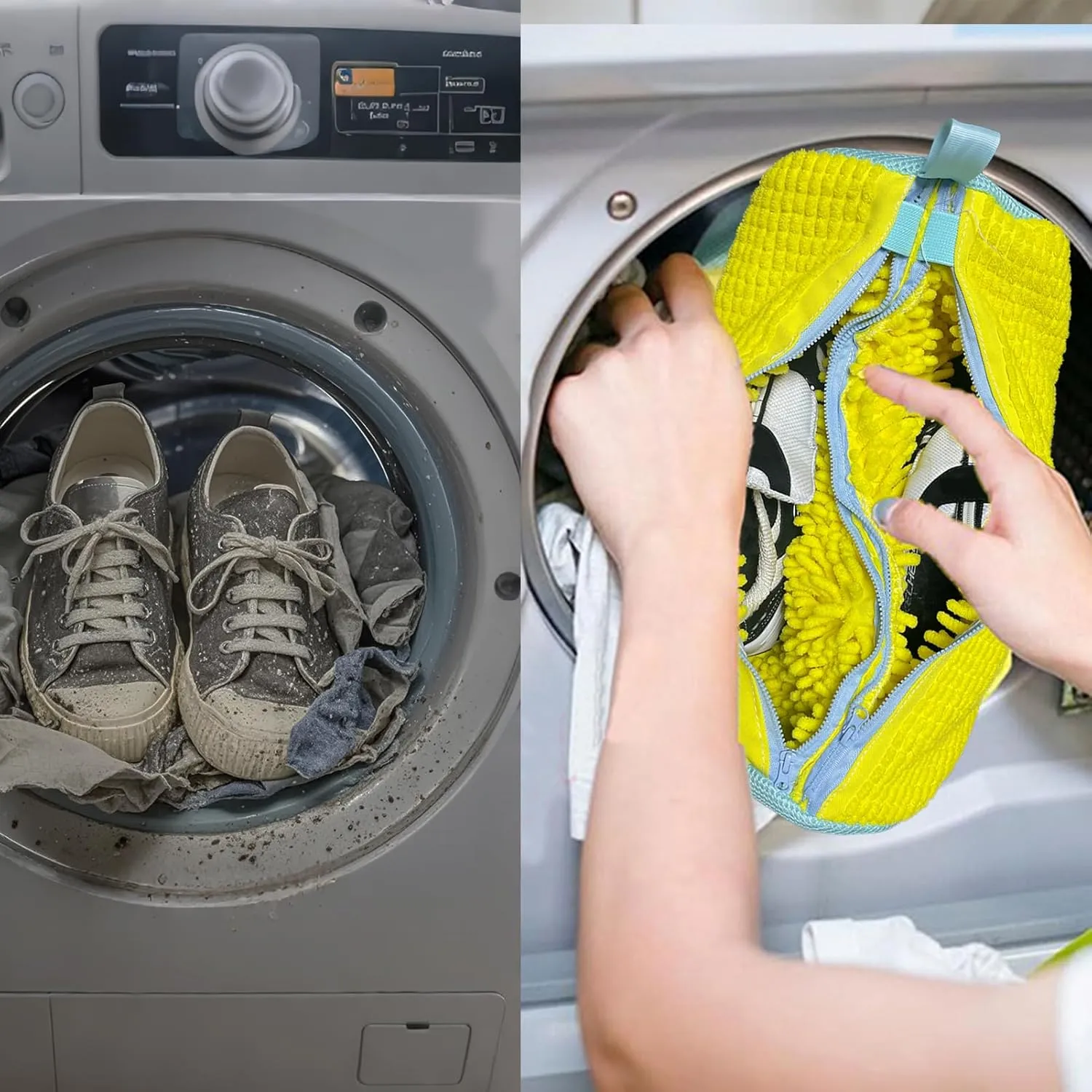 Double Zipper Shoe Washing Bag in Washing Machine, Durable Laundry Shoe Bag for 2 Shoes, Delicate Sneaker Shoes Clean Bag, Unstain Flat Shoes Bag for Washer, Keep Shoes & Washing Machine Clean(Yellow)