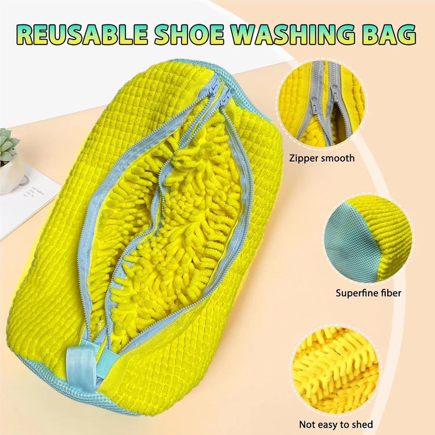 Double Zipper Shoe Washing Bag in Washing Machine, Durable Laundry Shoe Bag for 2 Shoes, Delicate Sneaker Shoes Clean Bag, Unstain Flat Shoes Bag for Washer, Keep Shoes & Washing Machine Clean(Yellow)