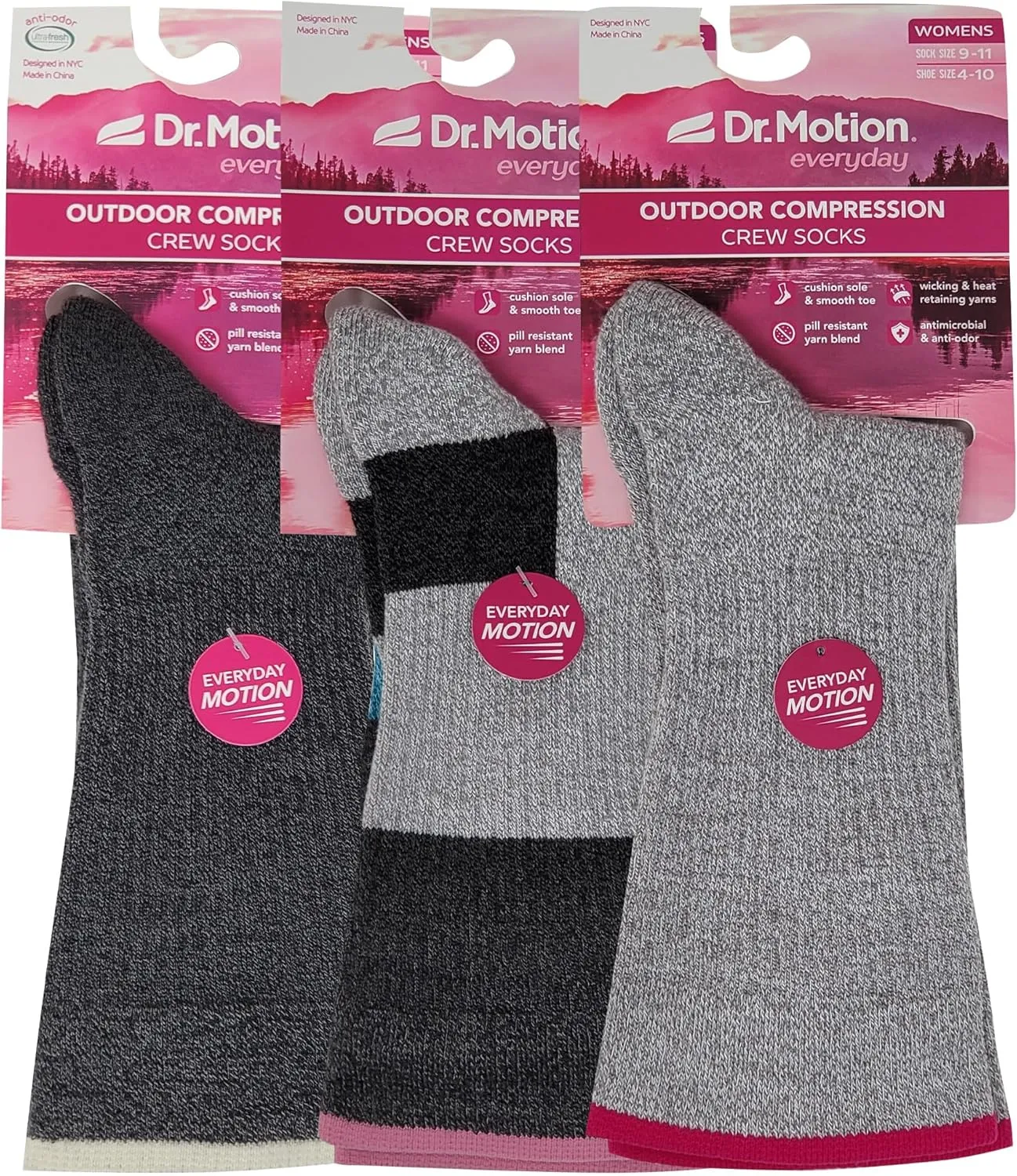 Dr. Motion Compression Crew Socks For Women Outdoor Hiking Walking With Enhanced Cushion And Breathable Arch Support 3 Pairs