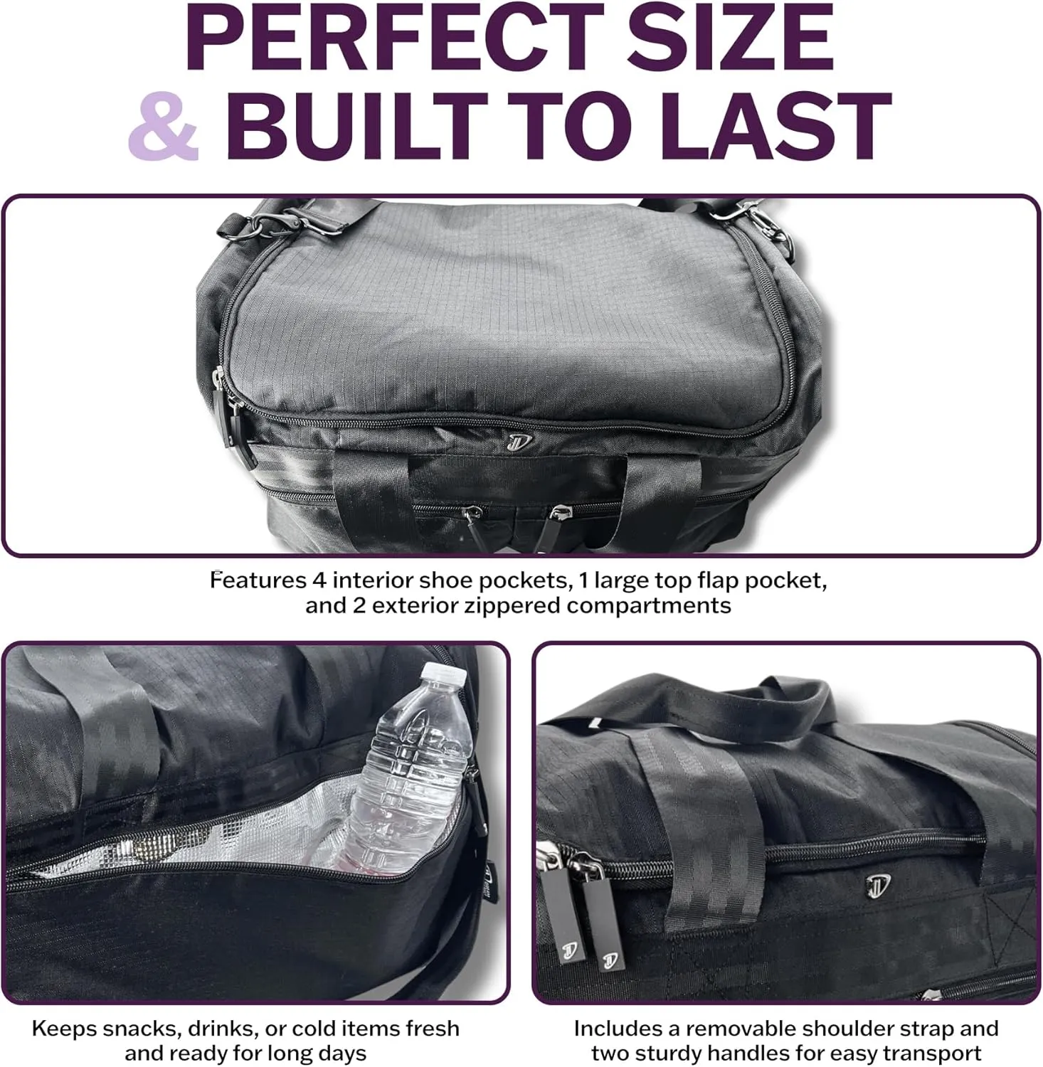 Dream Duffel Elevate Gym Bag, Sports Duffle with Shoe Pockets, Insulated Compartment, and Durable Design, 19"x12"x11.5", Black