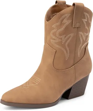 DREAM PAIRS Women's Cowboy Cowgirl Boots Embroidered Stitched Short Western Boots Low Chunky Heel Pointed Toe Ankle Booties