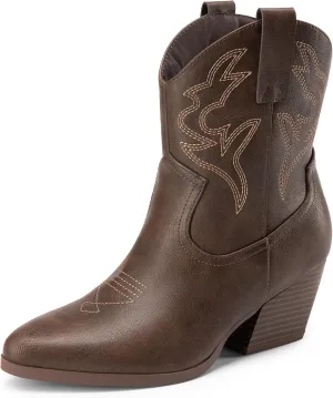 DREAM PAIRS Women's Cowboy Cowgirl Boots Embroidered Stitched Short Western Boots Low Chunky Heel Pointed Toe Ankle Booties