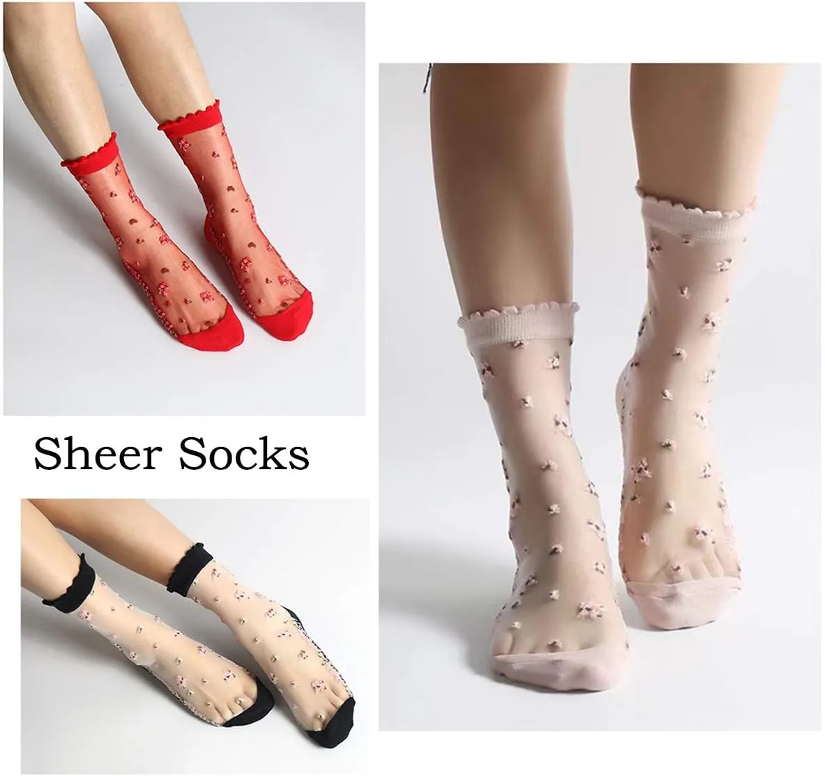 DXYAKY 5 Pairs Women Sheer Mesh Lace Socks - Summer Thin, See Through, Vintage Floral Designs