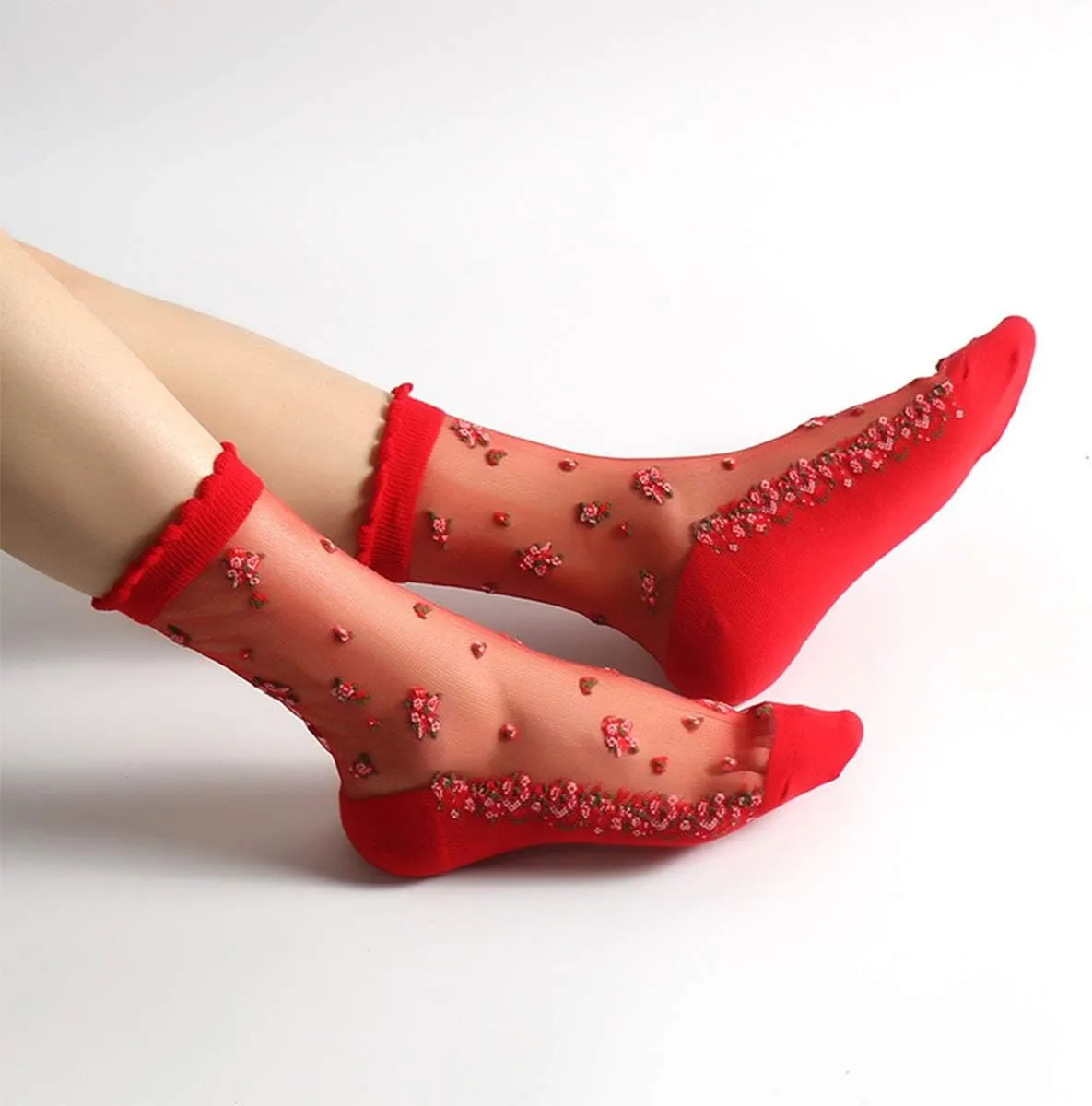 DXYAKY 5 Pairs Women Sheer Mesh Lace Socks - Summer Thin, See Through, Vintage Floral Designs