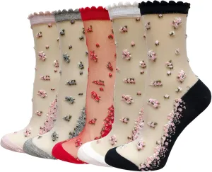 DXYAKY 5 Pairs Women Sheer Mesh Lace Socks - Summer Thin, See Through, Vintage Floral Designs