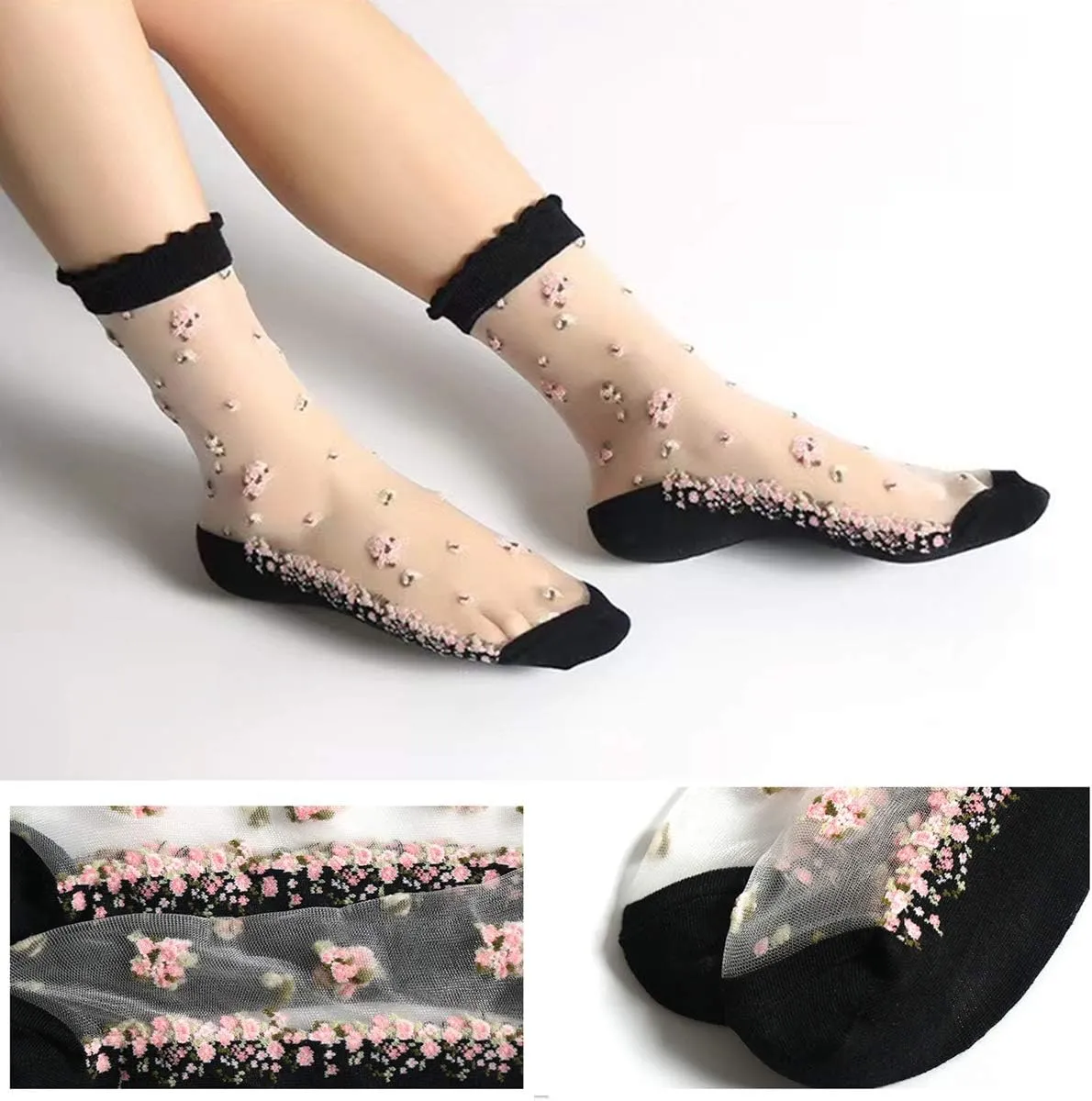 DXYAKY 5 Pairs Women Sheer Mesh Lace Socks - Summer Thin, See Through, Vintage Floral Designs