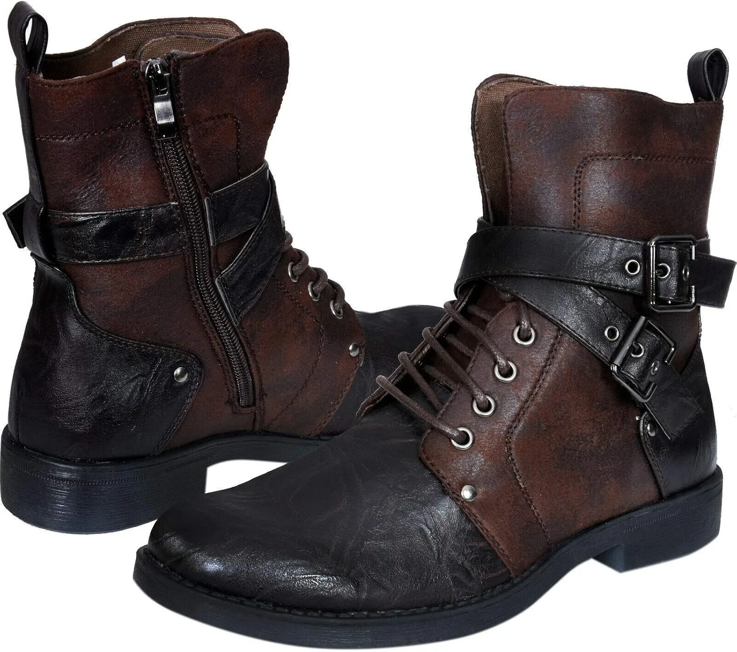 ELONG Men's Punk Rock Goth Elmo Ankle Boots Zip Biker Leather Buckle