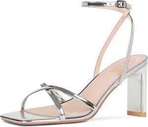 FIFSY Women's Sandals Ankle Strap High Heel Sexy Strappy Sandals Open Toe Heels 3 in Inch Square Toe Heeled Pumps Sandals for Women